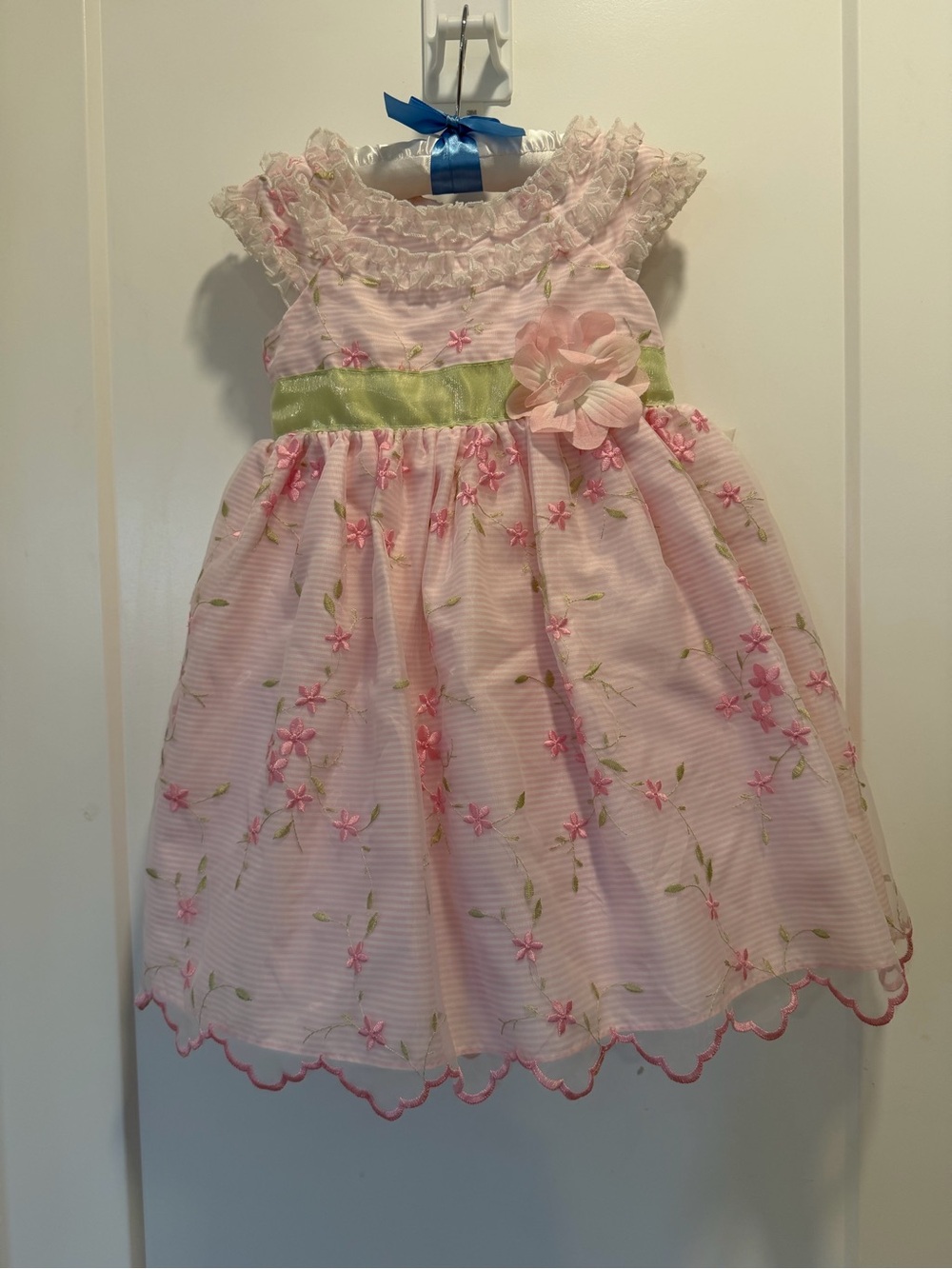 Jona Michelle Pink Floral Party Dress with Green Sash